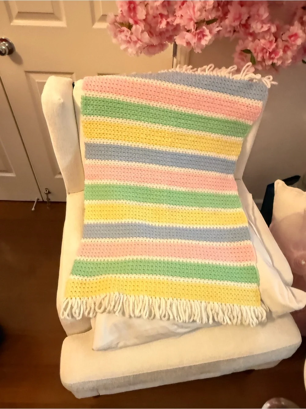 Handmade Cotton Crochet Afghan Lullaby Baby Blanket NWOT. Pastel Colors